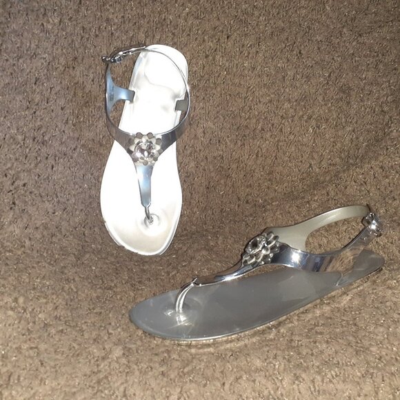 MICHAEL KORS-Miley-Silver Jelly Sandals-Large Crystal Charm-Sz 10-NWOB - Picture 1 of 7
